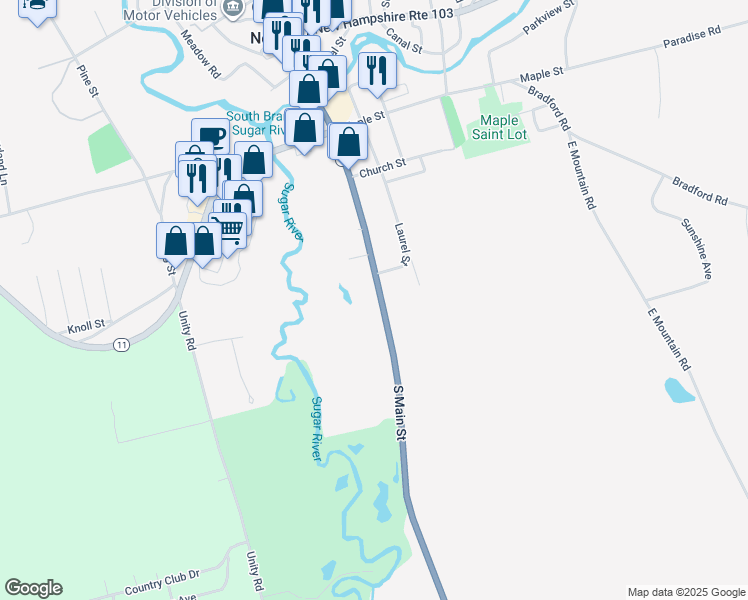 map of restaurants, bars, coffee shops, grocery stores, and more near 147 South Main Street in Newport