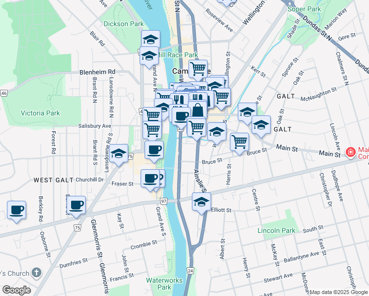 map of restaurants, bars, coffee shops, grocery stores, and more near 47 Water Street South in Cambridge