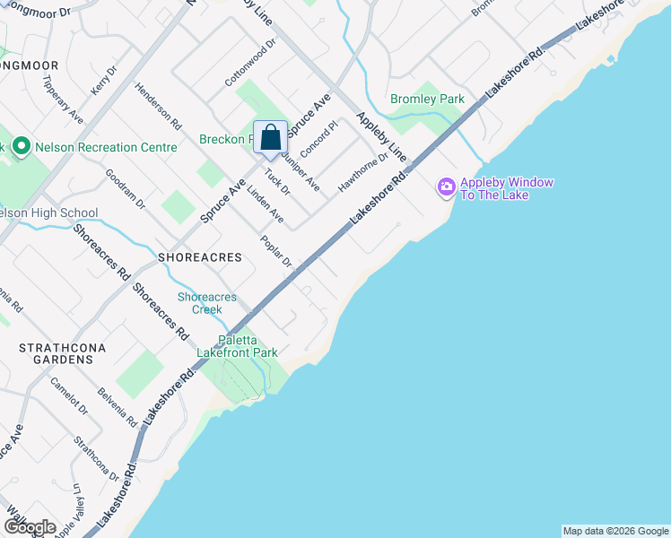 map of restaurants, bars, coffee shops, grocery stores, and more near 4406 Lakeshore Road in Burlington