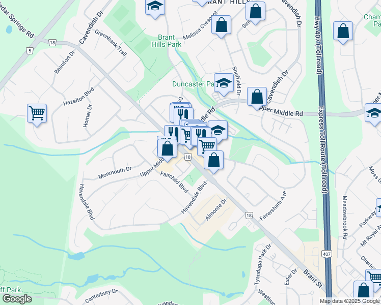 map of restaurants, bars, coffee shops, grocery stores, and more near 2201 Brant Street in Burlington
