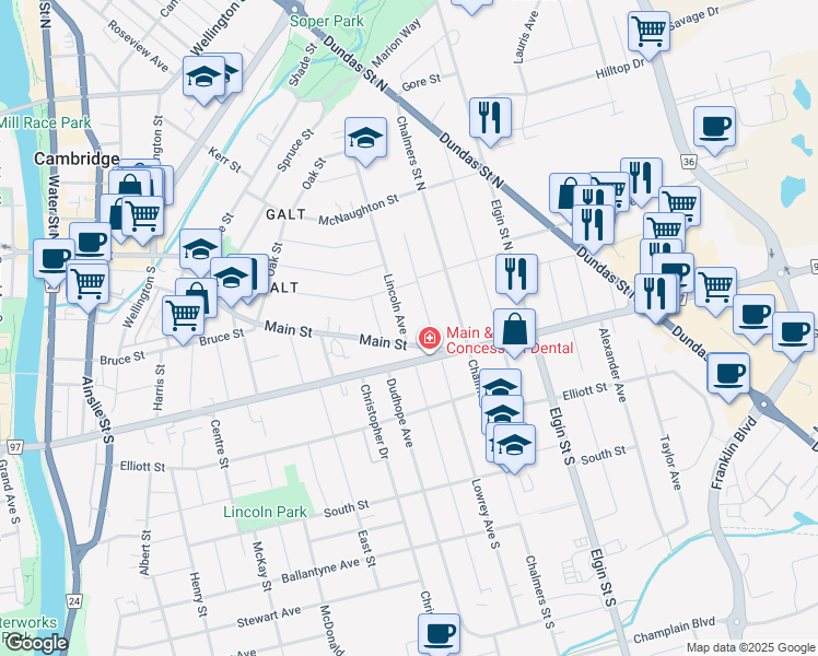 map of restaurants, bars, coffee shops, grocery stores, and more near 5 Lincoln Avenue in Cambridge