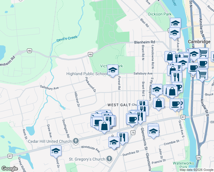 map of restaurants, bars, coffee shops, grocery stores, and more near 125 Salisbury Avenue in Cambridge