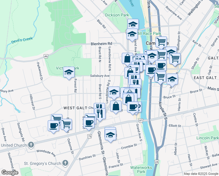 map of restaurants, bars, coffee shops, grocery stores, and more near 15 Lansdowne Road South in Cambridge