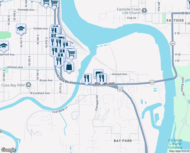 map of restaurants, bars, coffee shops, grocery stores, and more near 93589 West Howard Lane in Coos Bay