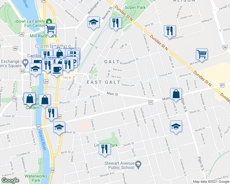 map of restaurants, bars, coffee shops, grocery stores, and more near 204 Main Street in Cambridge