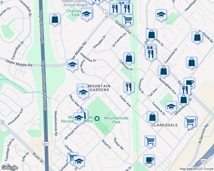 map of restaurants, bars, coffee shops, grocery stores, and more near 2330 Parkway Drive in Burlington