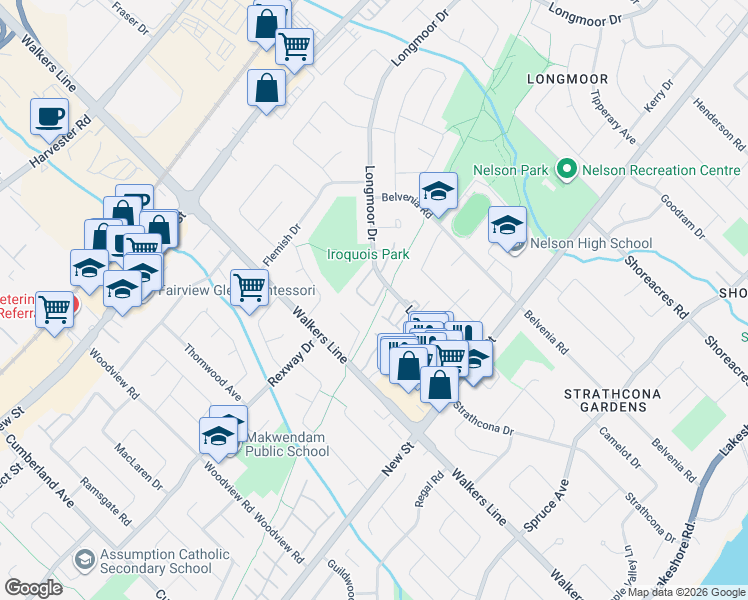 map of restaurants, bars, coffee shops, grocery stores, and more near 4189 Longmoor Drive in Burlington