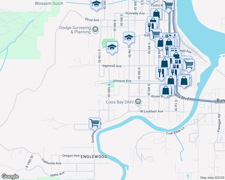 map of restaurants, bars, coffee shops, grocery stores, and more near 1058 South 10th Street in Coos Bay