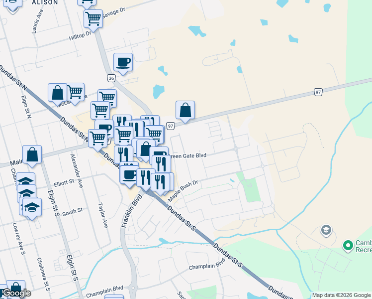 map of restaurants, bars, coffee shops, grocery stores, and more near 35 Green Gate Boulevard in Cambridge