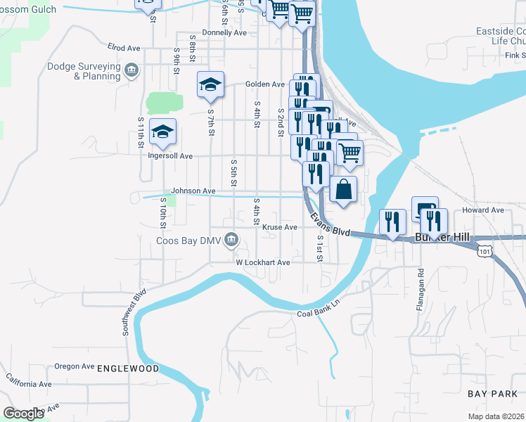 map of restaurants, bars, coffee shops, grocery stores, and more near 1007 South 2nd Street in Coos Bay