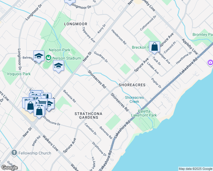 map of restaurants, bars, coffee shops, grocery stores, and more near 329 Shoreacres Road in Burlington