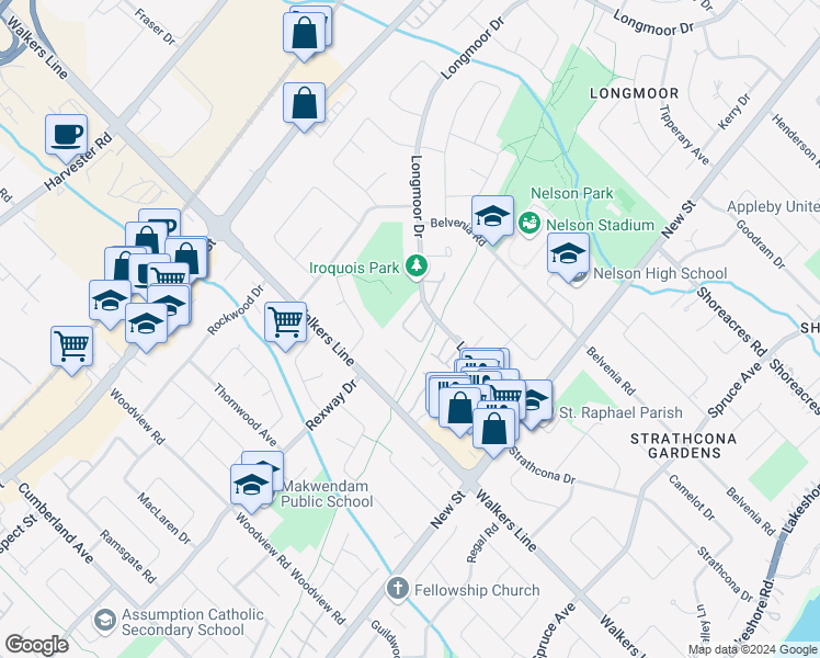map of restaurants, bars, coffee shops, grocery stores, and more near 4195 Longmoor Drive in Burlington