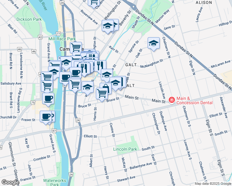 map of restaurants, bars, coffee shops, grocery stores, and more near 175 Main St in Cambridge