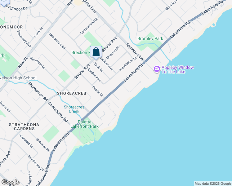 map of restaurants, bars, coffee shops, grocery stores, and more near 4410 Lakeshore Road in Burlington