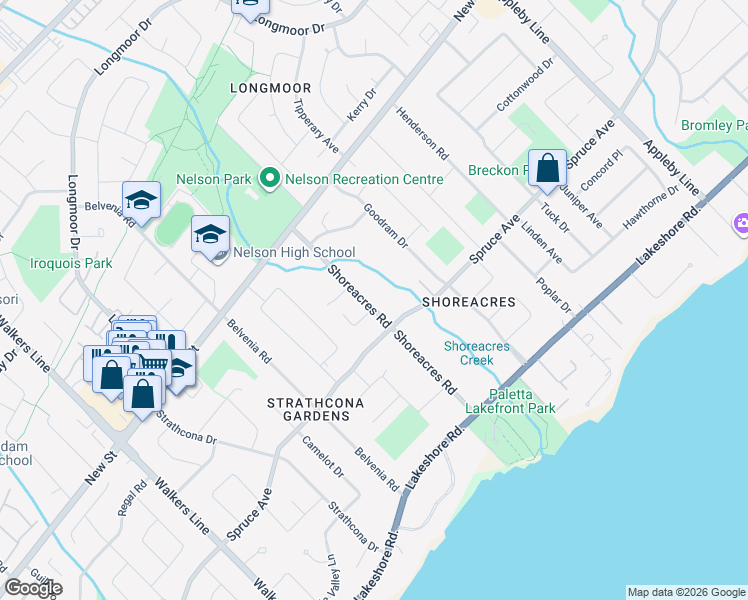 map of restaurants, bars, coffee shops, grocery stores, and more near 335 Shoreacres Road in Burlington