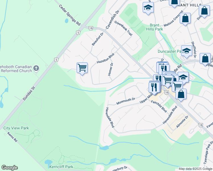 map of restaurants, bars, coffee shops, grocery stores, and more near 1363 Hazelton Boulevard in Burlington