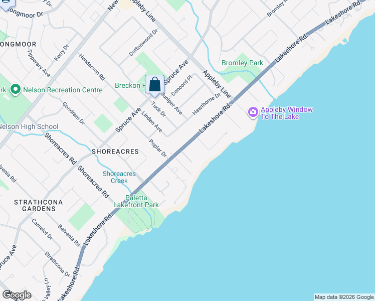 map of restaurants, bars, coffee shops, grocery stores, and more near 4406 Lakeshore Road in Burlington