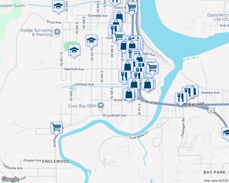 map of restaurants, bars, coffee shops, grocery stores, and more near 1007 South 2nd Street in Coos Bay