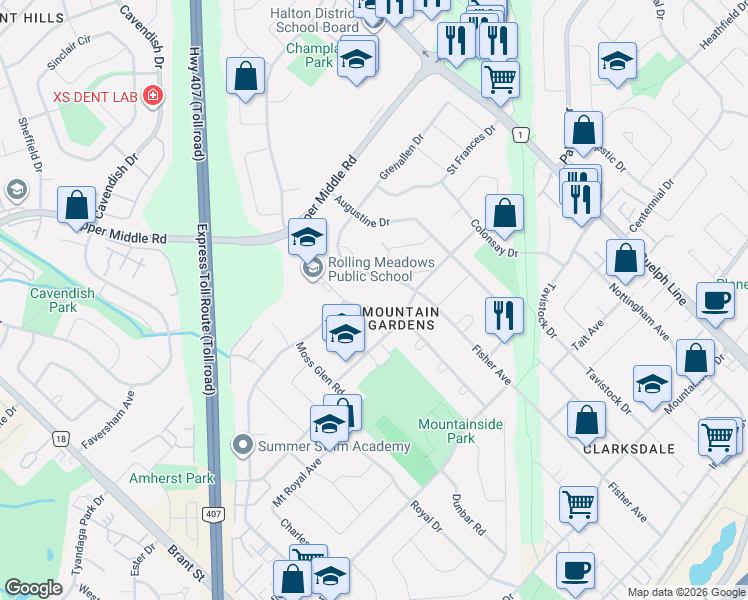 map of restaurants, bars, coffee shops, grocery stores, and more near 1450 Fisher Avenue in Burlington