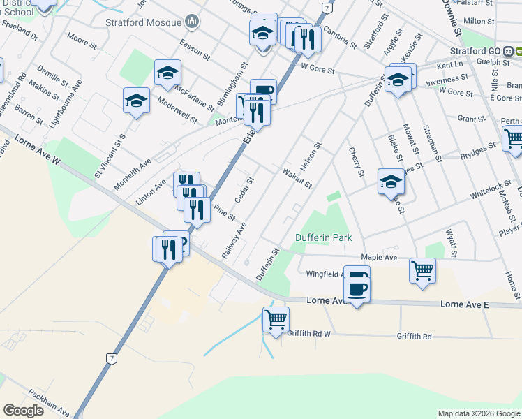 map of restaurants, bars, coffee shops, grocery stores, and more near 285 Railway Avenue in Stratford