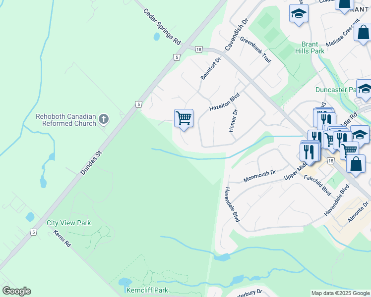 map of restaurants, bars, coffee shops, grocery stores, and more near 1289 Beaufort Drive in Burlington
