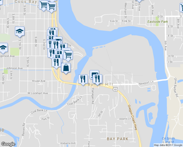 map of restaurants, bars, coffee shops, grocery stores, and more near 93589 West Howard Lane in Coos Bay