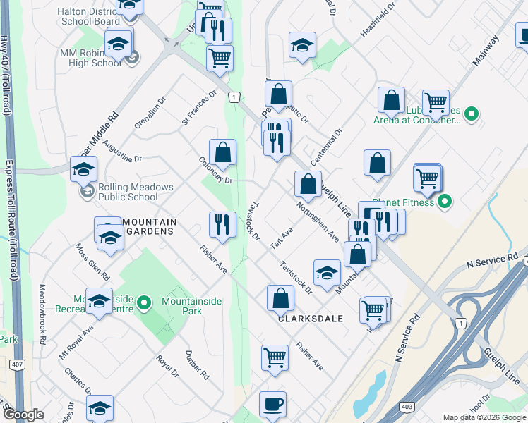 map of restaurants, bars, coffee shops, grocery stores, and more near 1314 Rosemary Crescent in Burlington