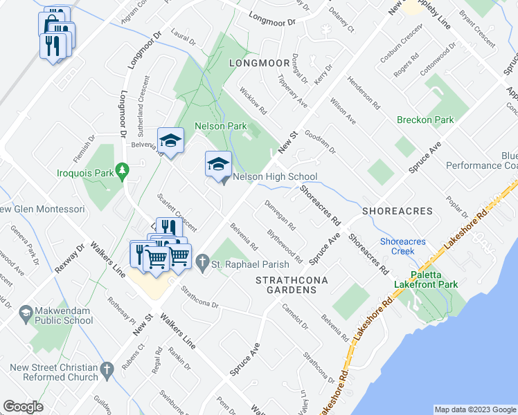 map of restaurants, bars, coffee shops, grocery stores, and more near 4236 Dunvegan Rd in Burlington