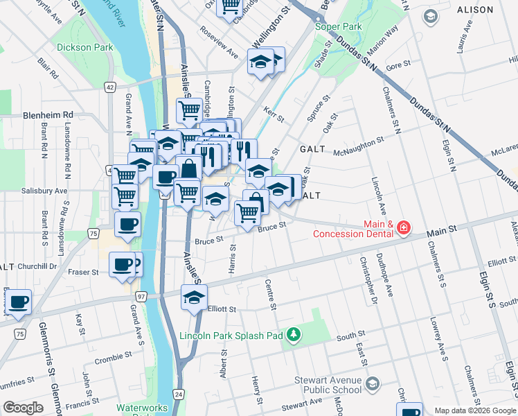 map of restaurants, bars, coffee shops, grocery stores, and more near 175 Main Street in Cambridge