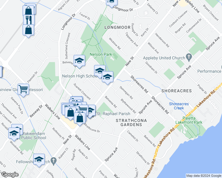 map of restaurants, bars, coffee shops, grocery stores, and more near 4178 New Street in Burlington