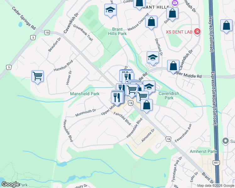 map of restaurants, bars, coffee shops, grocery stores, and more near 1514 Upper Middle Road in Burlington