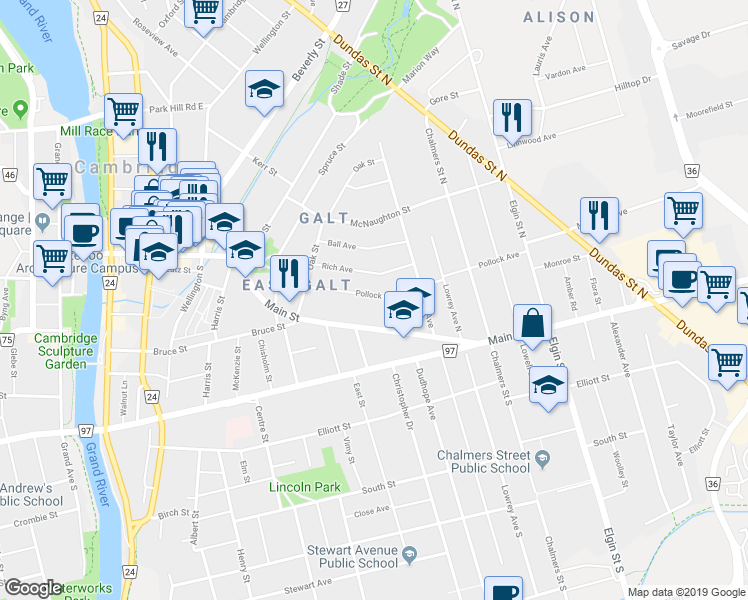 map of restaurants, bars, coffee shops, grocery stores, and more near 39 Pollock Avenue in Cambridge