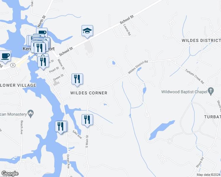 map of restaurants, bars, coffee shops, grocery stores, and more near 9 Wildes District Road in Kennebunkport