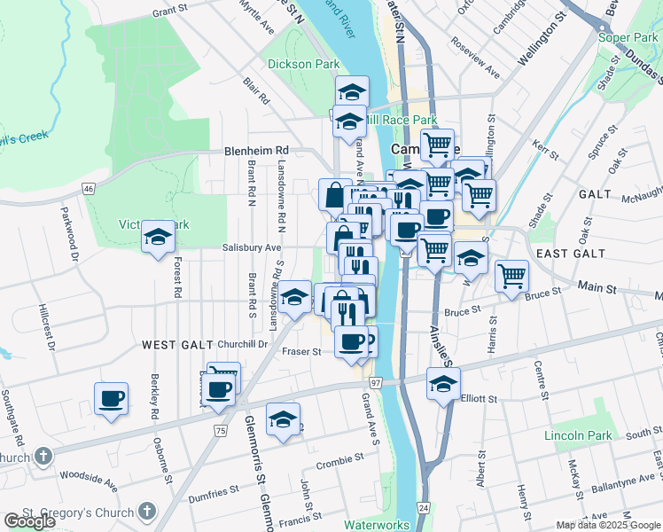 map of restaurants, bars, coffee shops, grocery stores, and more near 12 George Street South in Cambridge