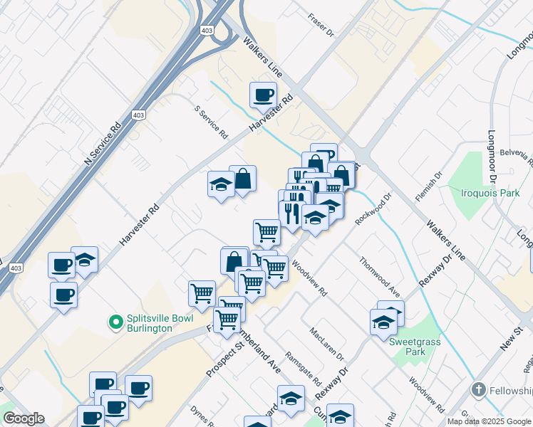 map of restaurants, bars, coffee shops, grocery stores, and more near 835 Harrington Court in Burlington