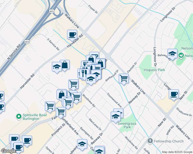 map of restaurants, bars, coffee shops, grocery stores, and more near 3480 Fairview Street in Burlington