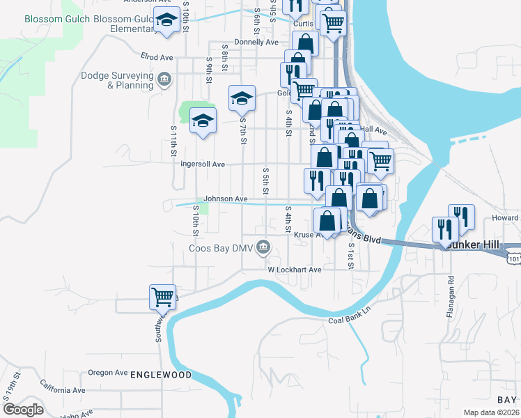 map of restaurants, bars, coffee shops, grocery stores, and more near 1021 South 5th Street in Coos Bay