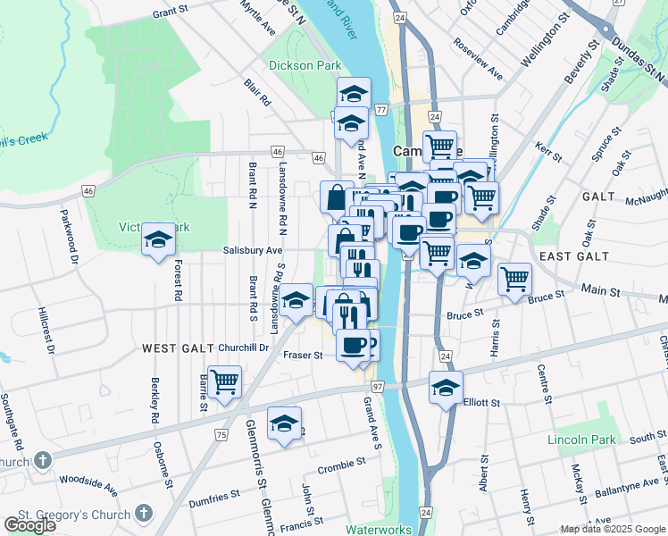 map of restaurants, bars, coffee shops, grocery stores, and more near 12 George Street South in Cambridge
