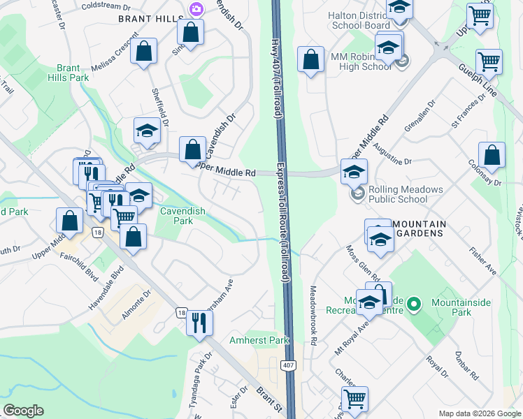 map of restaurants, bars, coffee shops, grocery stores, and more near 2260 Upper Middle Road in Burlington