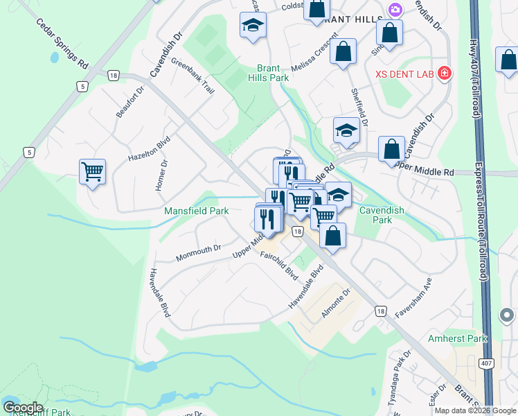 map of restaurants, bars, coffee shops, grocery stores, and more near 1514 Upper Middle Road in Burlington