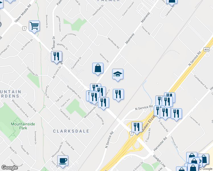 map of restaurants, bars, coffee shops, grocery stores, and more near 3070 Mainway in Burlington