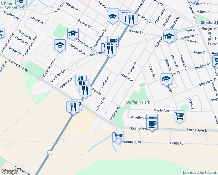 map of restaurants, bars, coffee shops, grocery stores, and more near 288 Railway Avenue in Stratford