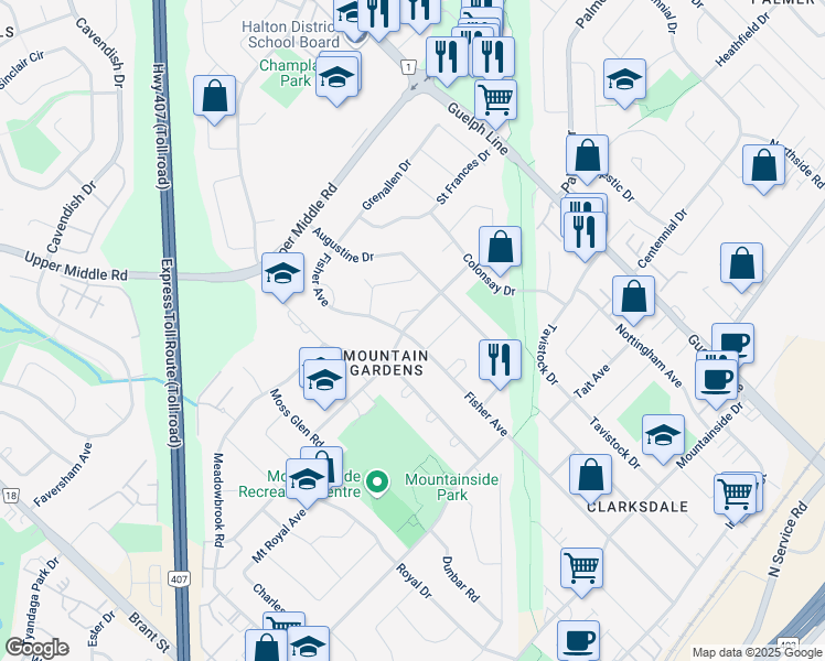 map of restaurants, bars, coffee shops, grocery stores, and more near 2330 Parkway Drive in Burlington