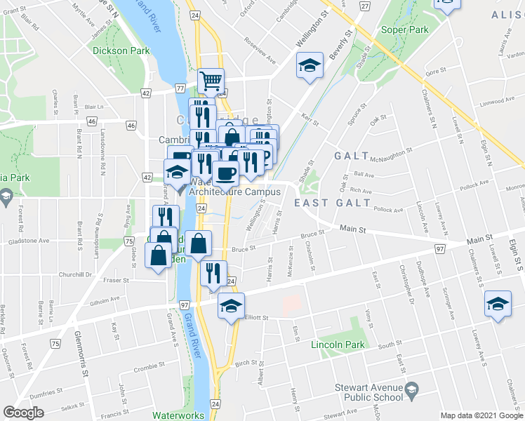 map of restaurants, bars, coffee shops, grocery stores, and more near 47 Wellington South in Cambridge