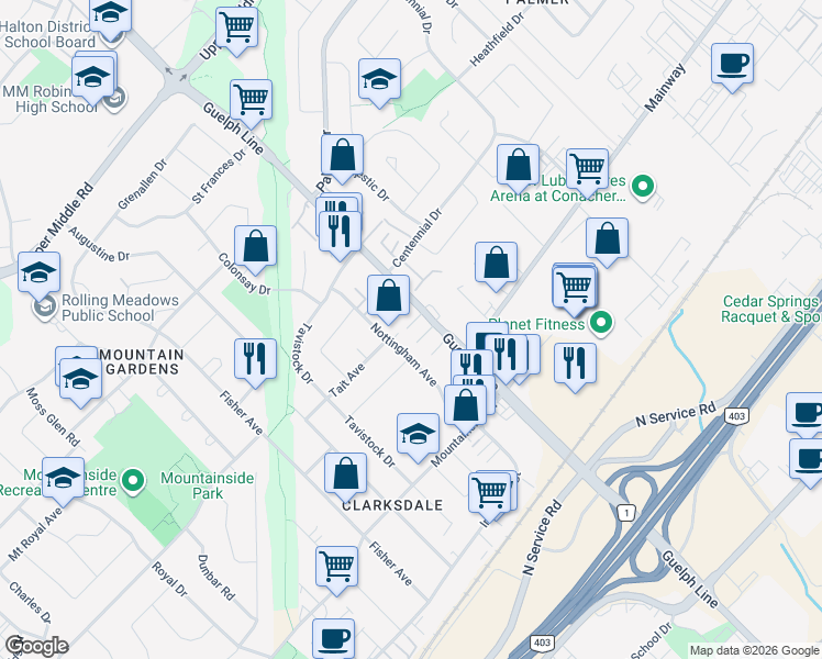 map of restaurants, bars, coffee shops, grocery stores, and more near 1248 Guelph Line in Burlington