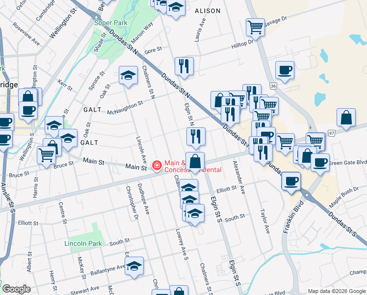 map of restaurants, bars, coffee shops, grocery stores, and more near 23 Lowell Street North in Cambridge