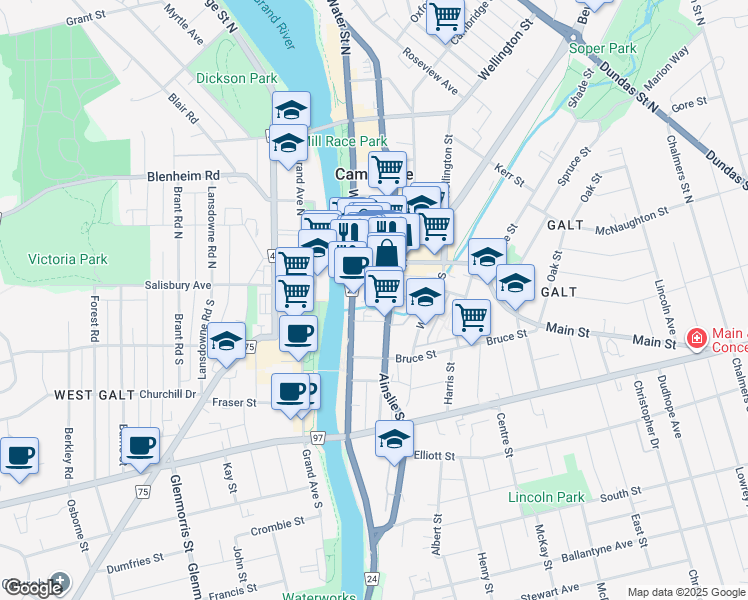 map of restaurants, bars, coffee shops, grocery stores, and more near 25 Water Street South in Cambridge