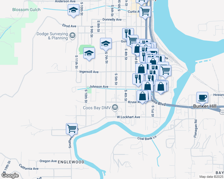 map of restaurants, bars, coffee shops, grocery stores, and more near 1021 South 5th Street in Coos Bay