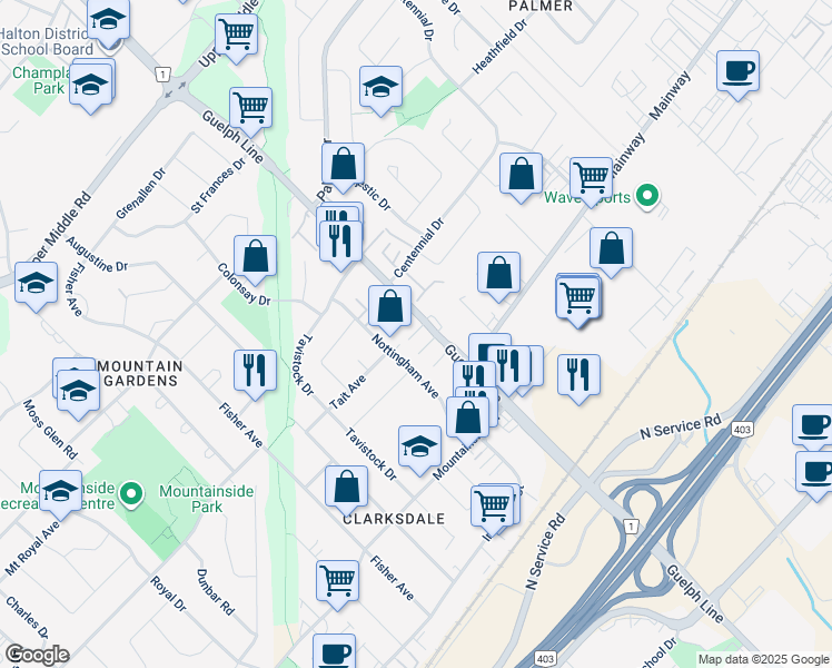 map of restaurants, bars, coffee shops, grocery stores, and more near in Burlington