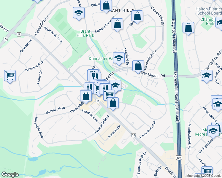 map of restaurants, bars, coffee shops, grocery stores, and more near 2050 Upper Middle Road in Burlington